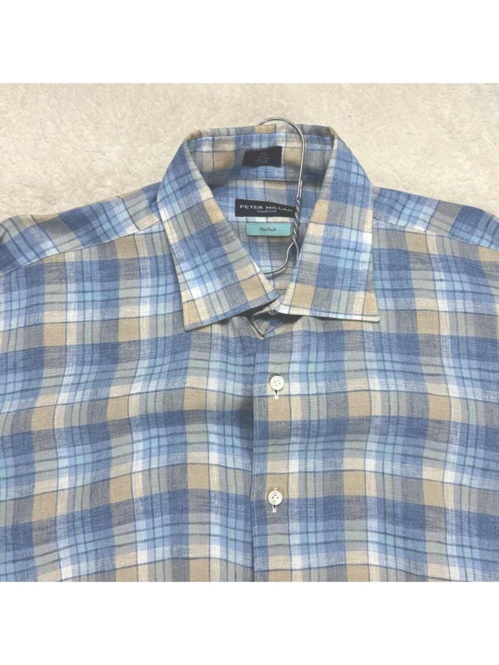 Peter Millar 100% Linen Shirt‎ Mens Medium Flex Finish Blue/Tan Casual